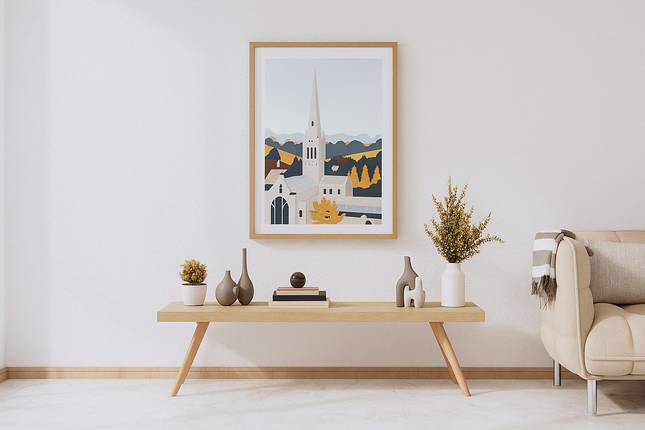 Modern living room with a beige sofa, wooden coffee table, and framed artwork Norwich Cathedral from greenhaus Prints on a white wall.